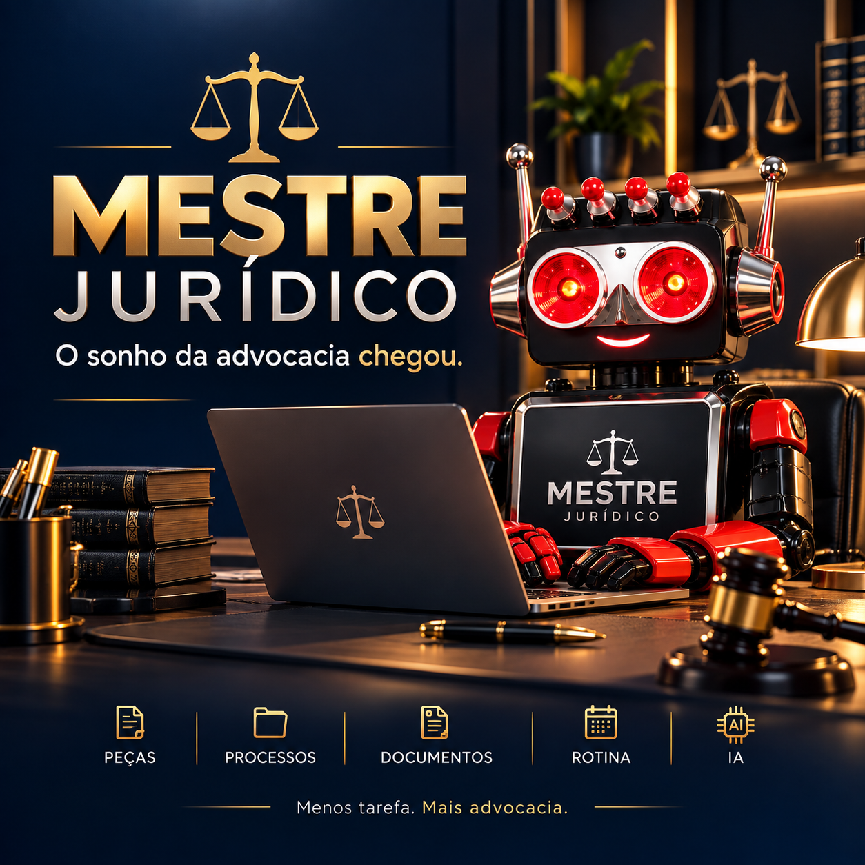 Mascote oficial do Mestre Jurídico no centro das ferramentas do escritório